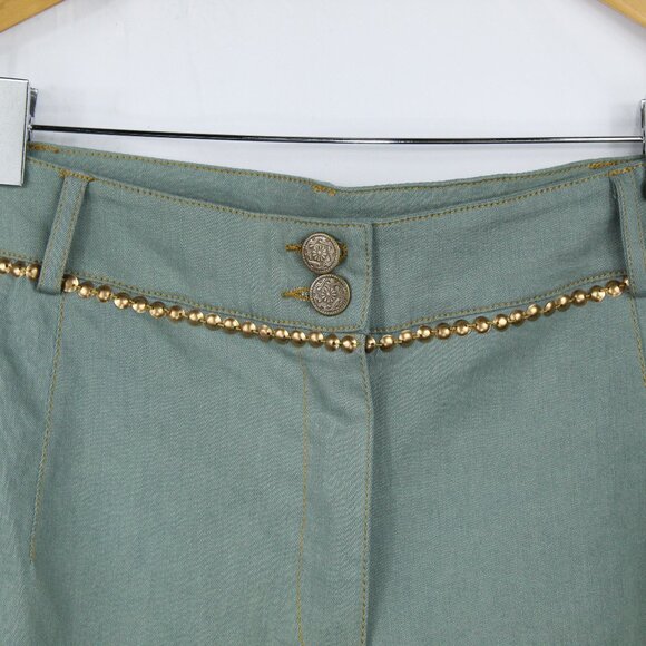 ARATTA SILENT JOURNEY GREEN WOMEN'S DENIM PANTS EMBROIDERED STUDDED FLORAL BOHO - Picture 4 of 10